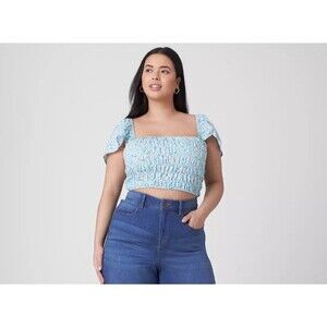 Lane Bryant Crop Top18L Women's Green Floral Fitted Smocked Bodice Square Neck